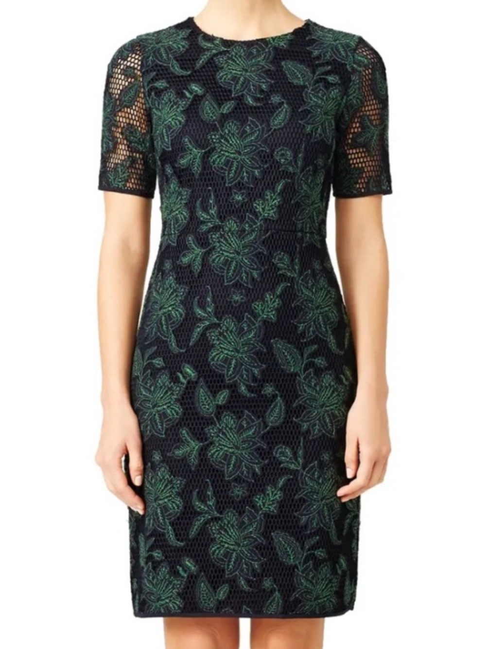 Tory Burch Wisteria Navy Green Floral Mesh Short Sleeve Dress